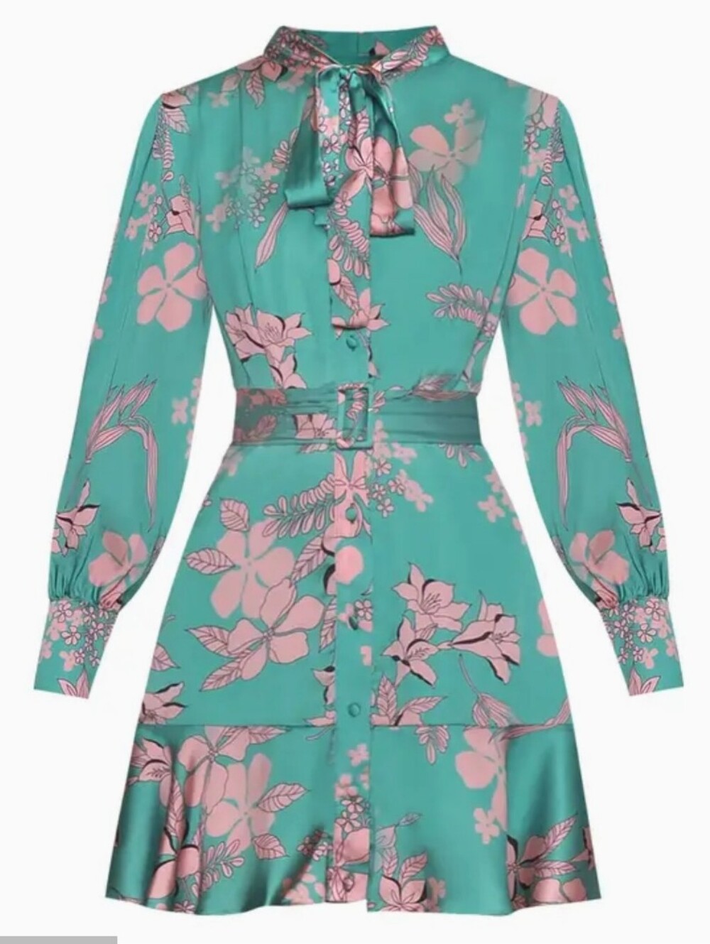 Tie-Neck Floral Mini Dress in Teal and Pink